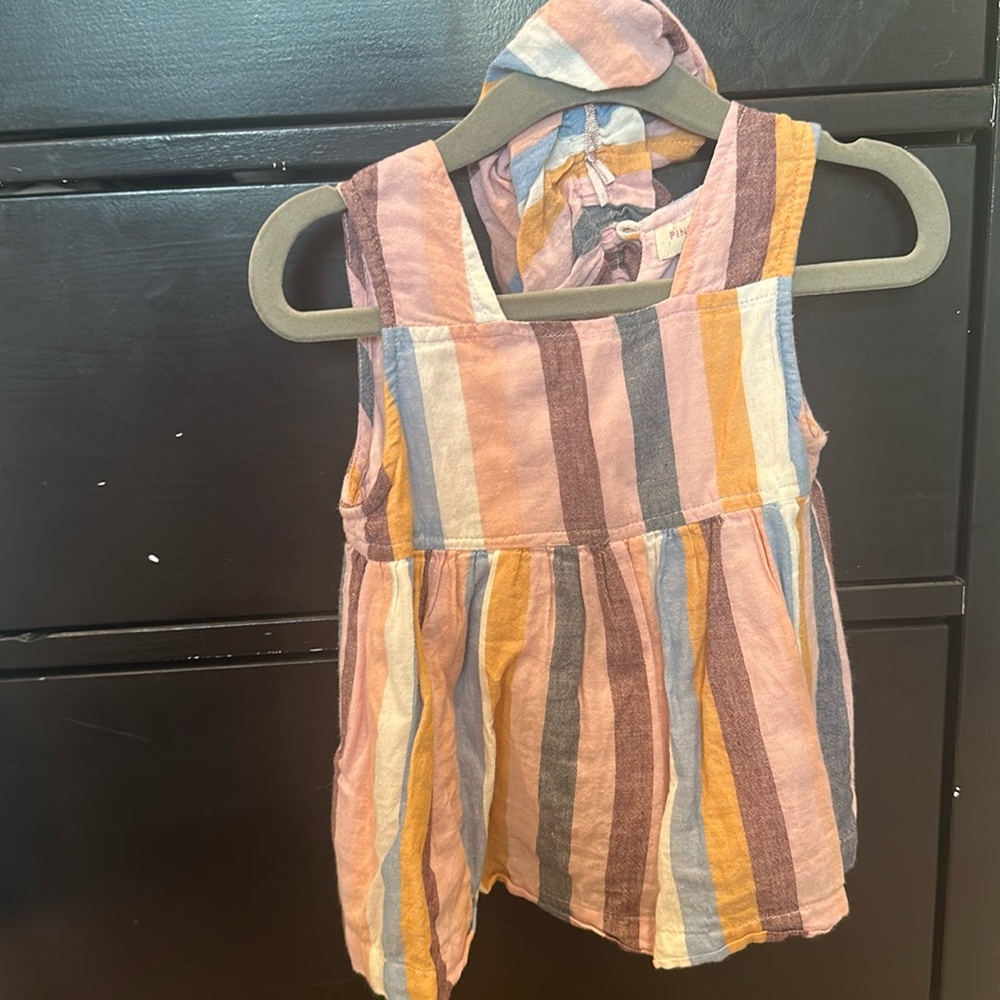 Pink Chicken 12-18 months pink, blue, purple, white and mustard stripped outfit